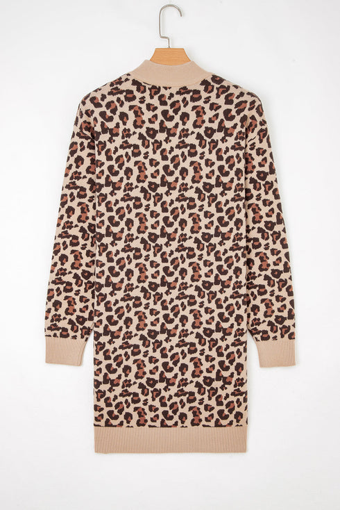 Leopard Jacquard Mock Neck Mini Sweater Dress